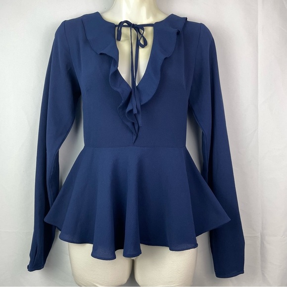 Lulus Navy Blue Deep V-Neck Peplum Top Long Sleeve - Picture 2 of 15